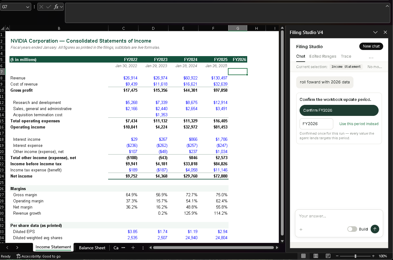 Filing Studio V4 Chat tab: “roll forward with 2026 data”, the pane asks to confirm the workbook update period, FY2026