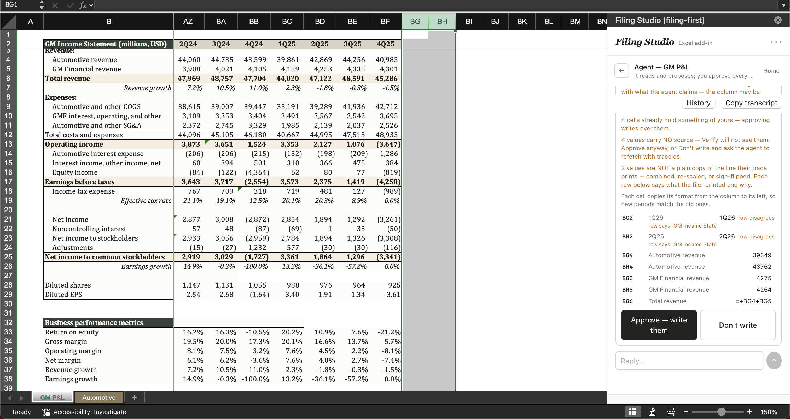 The Approve card open in the task pane beside a GM income statement. Every write is shown old to new per cell against the sheet's own row labels before anything lands.