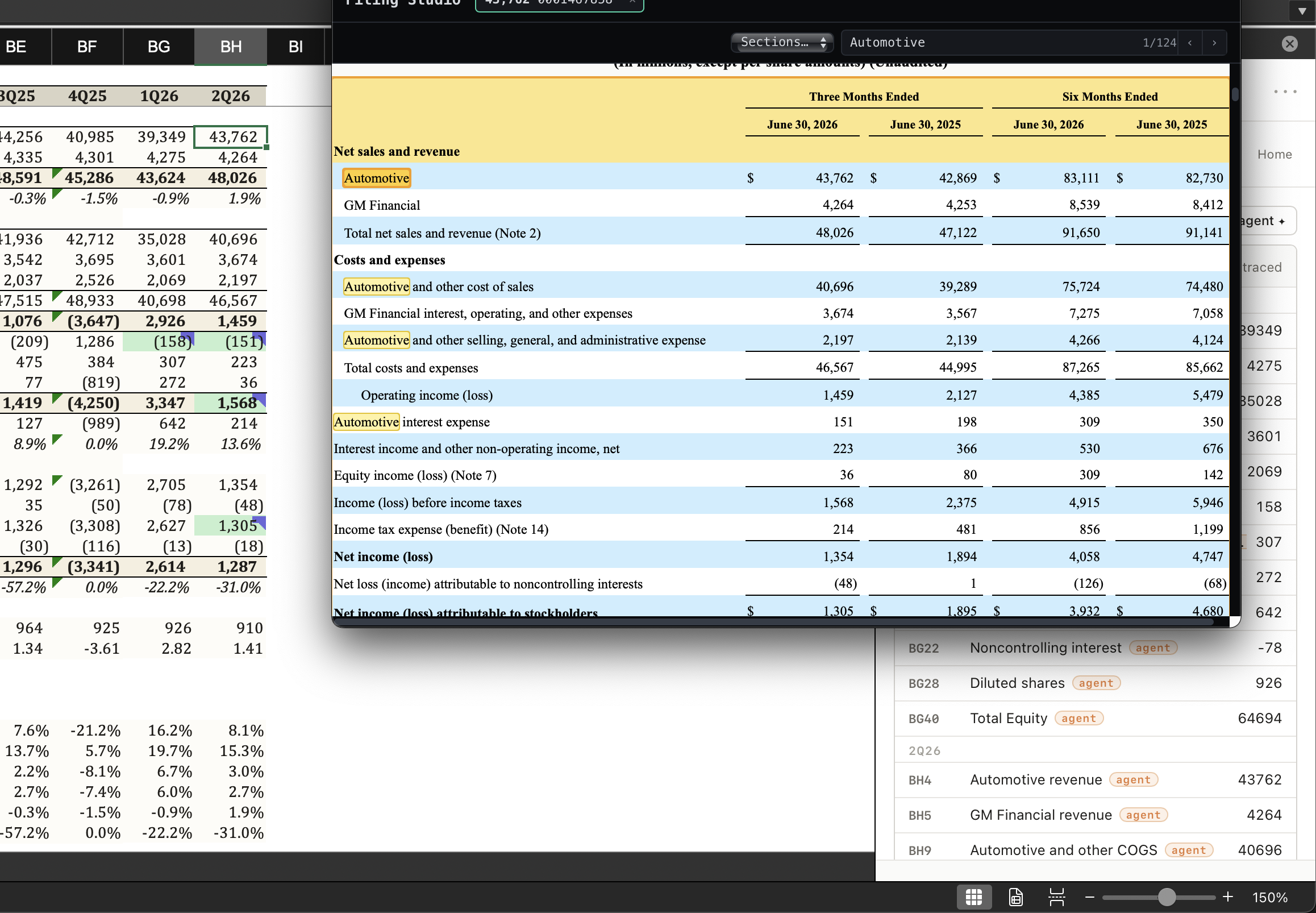 The model's ledger beside the filing viewer: the Automotive income statement open at the highlighted printed lines, each written cell traced back to where the number came from.
